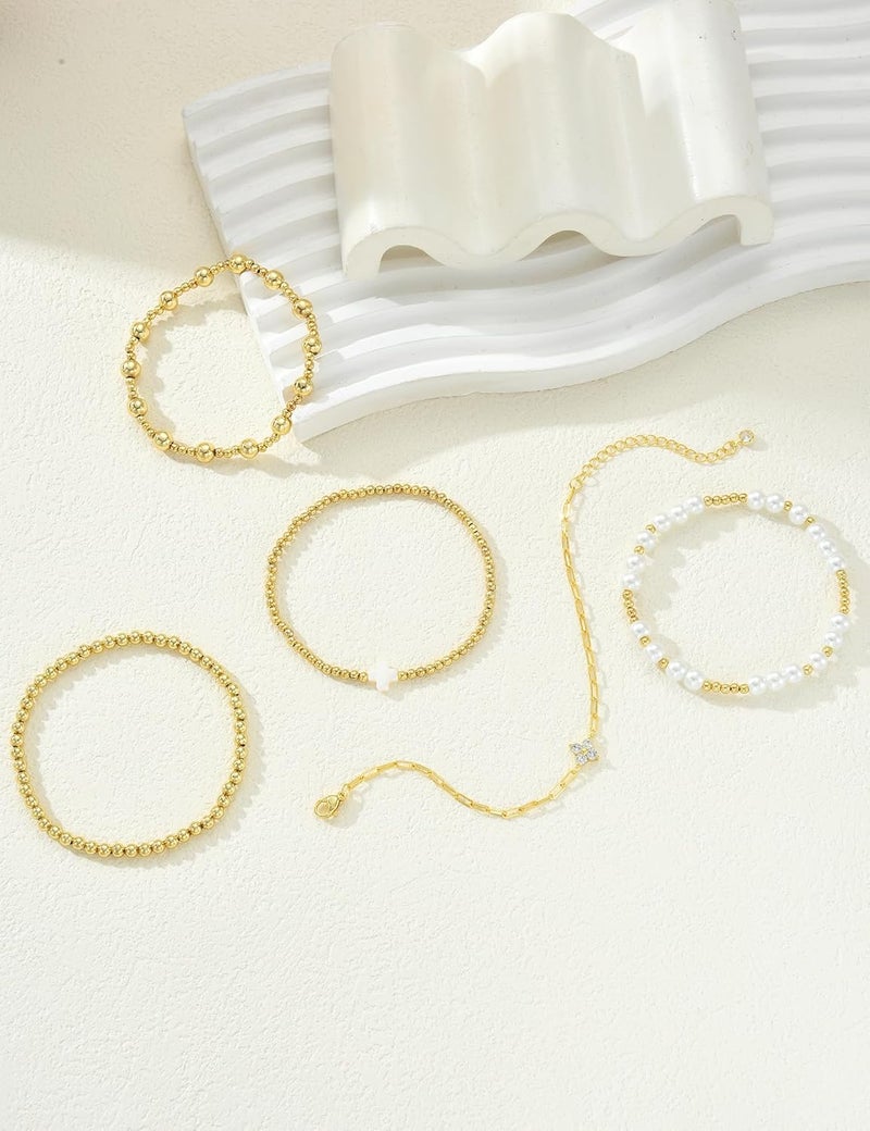 17mile Gold Beaded Bracelets for Women, 5 Pcs Dainty 14K Gold Plated Chunky Stretch Bead Ball Bracelet Stack - Image 5